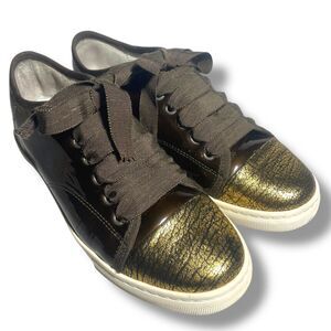 Lanvin Brown Patent Leather Gold Tip Low Top Sneakers Women's Size EU 36 US 6